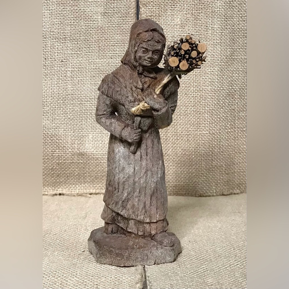Vintage Resin Peasant Woman Carrying Wood Figurine Rustic Farmhouse Primitive